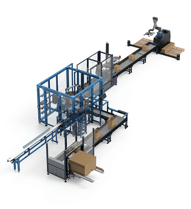 Vention custom-made Rapid Series Palletizer cobot system with conveyors